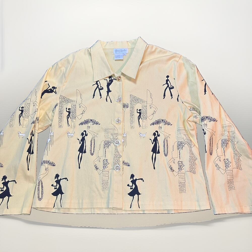 VTG Great Cavalier Beaded Silhouette Novelty Shirt XL Yellow Art Teacher Pop Art
